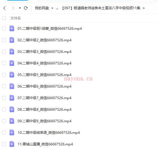 杨清娟老师徒弟未土盲派八字中级视频11集百度网盘资源
