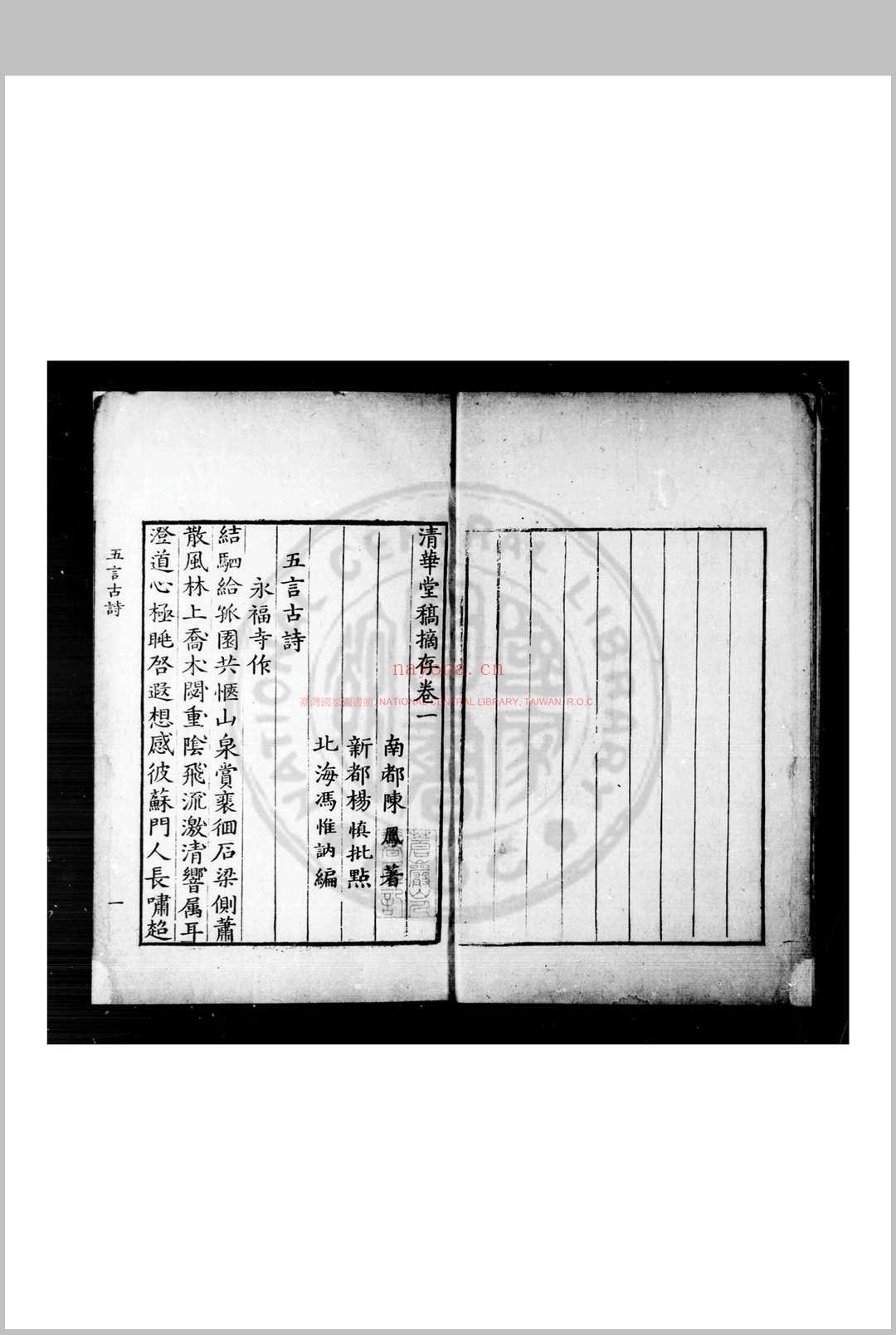 清华堂稿摘 (明)陈凤撰 (明)冯惟讷编 (明)杨慎批点 明嘉靖间(1522-1566)刊本