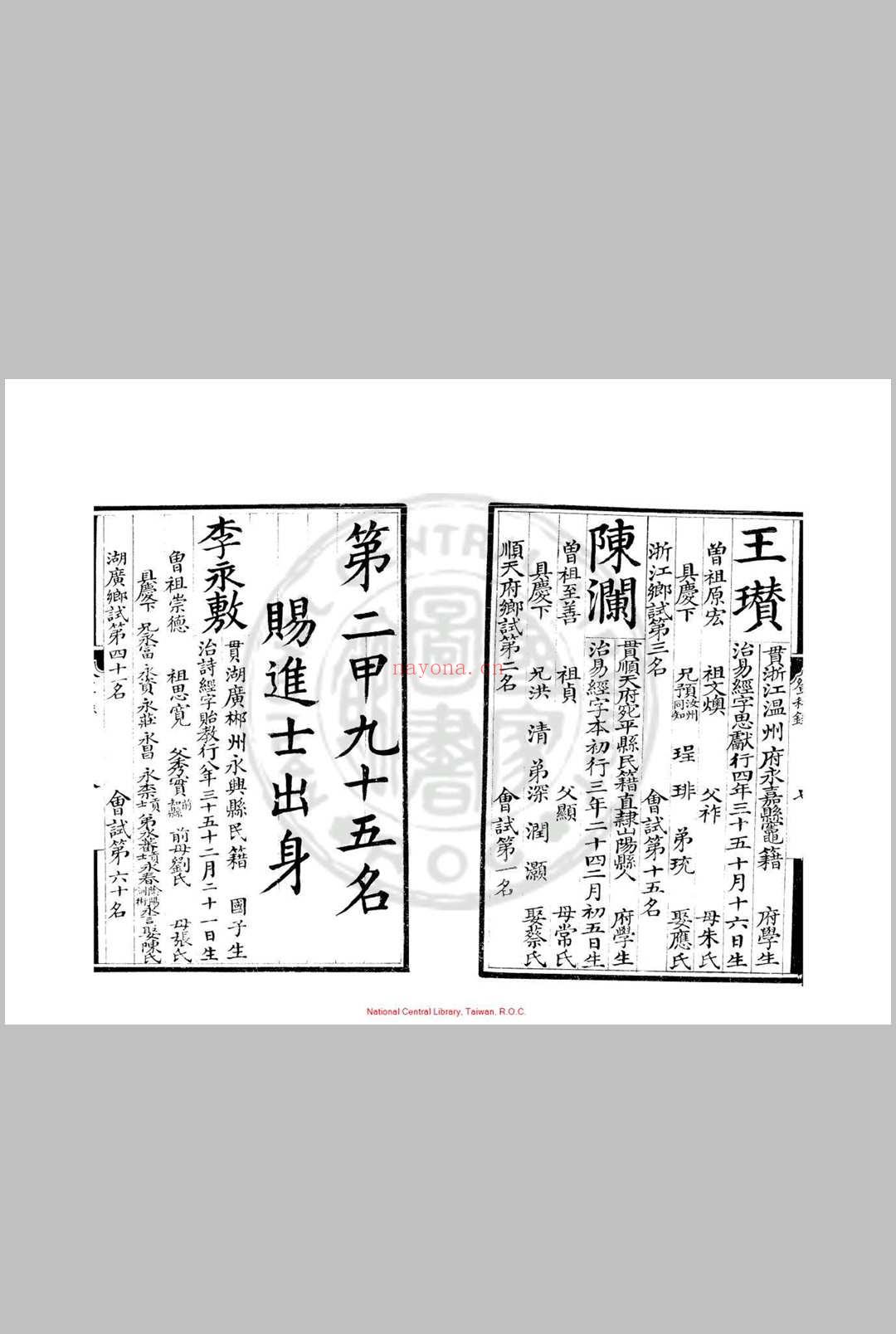 弘治九年进士登科录 (明)王华编 明弘治间(1488-1505)刊本 (弘治十二年进士登科录)