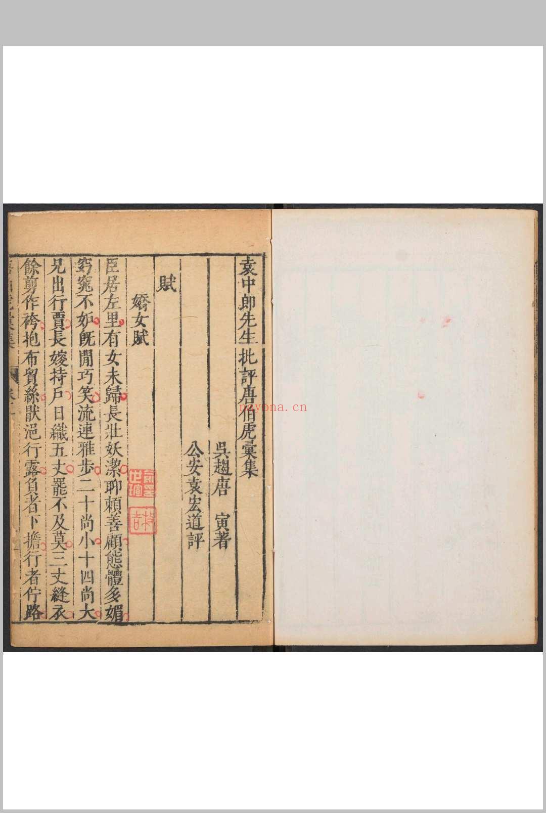 袁中郎先生批评唐伯虎汇集  四卷, 附 外集一卷, 唐六如先生画谱三卷, 纪事一卷, 传赞一卷 唐寅撰  袁弘道批评 (袁中郎先生批评唐伯虎汇集)