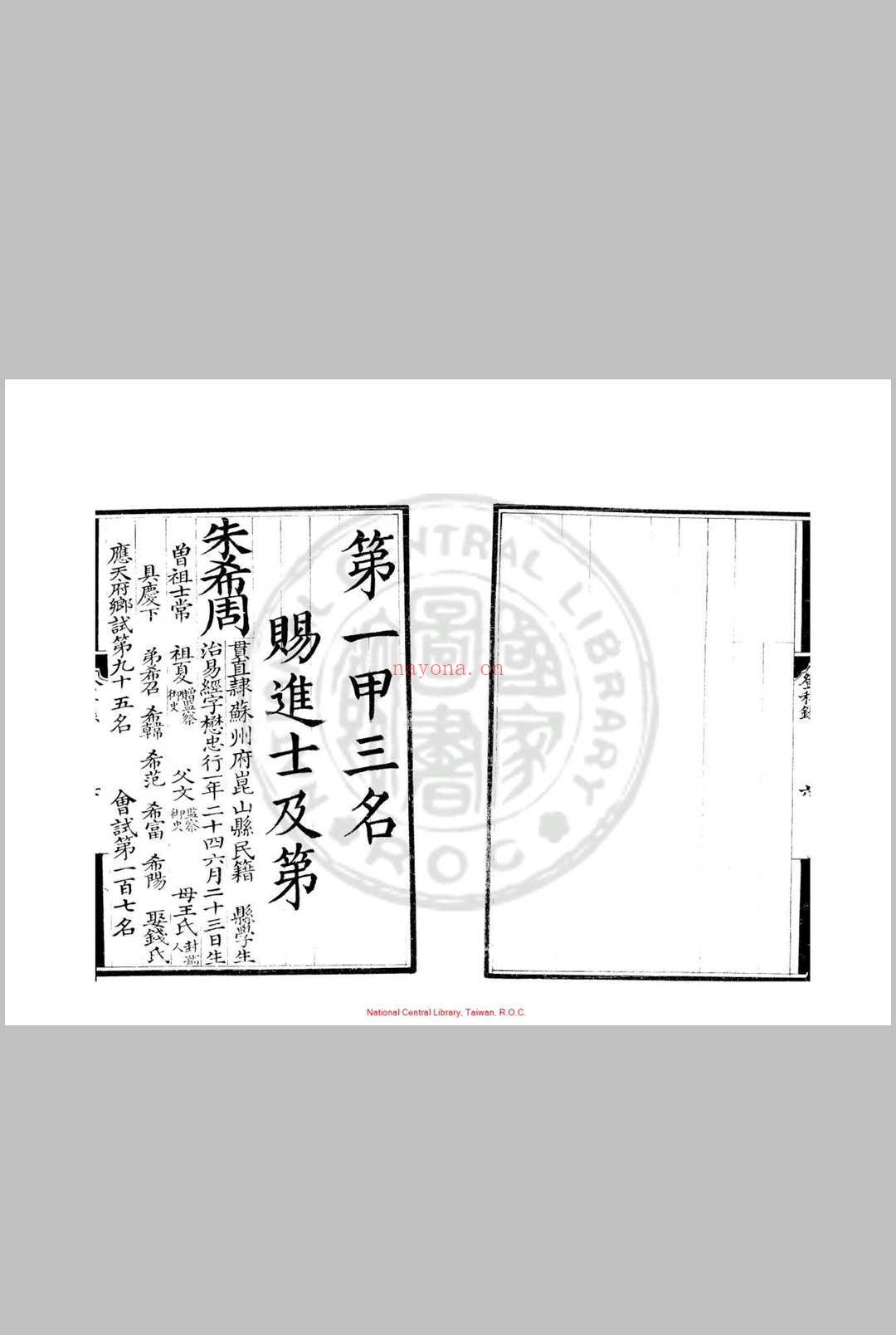 弘治九年进士登科录 (明)王华编 明弘治间(1488-1505)刊本 (弘治十二年进士登科录)