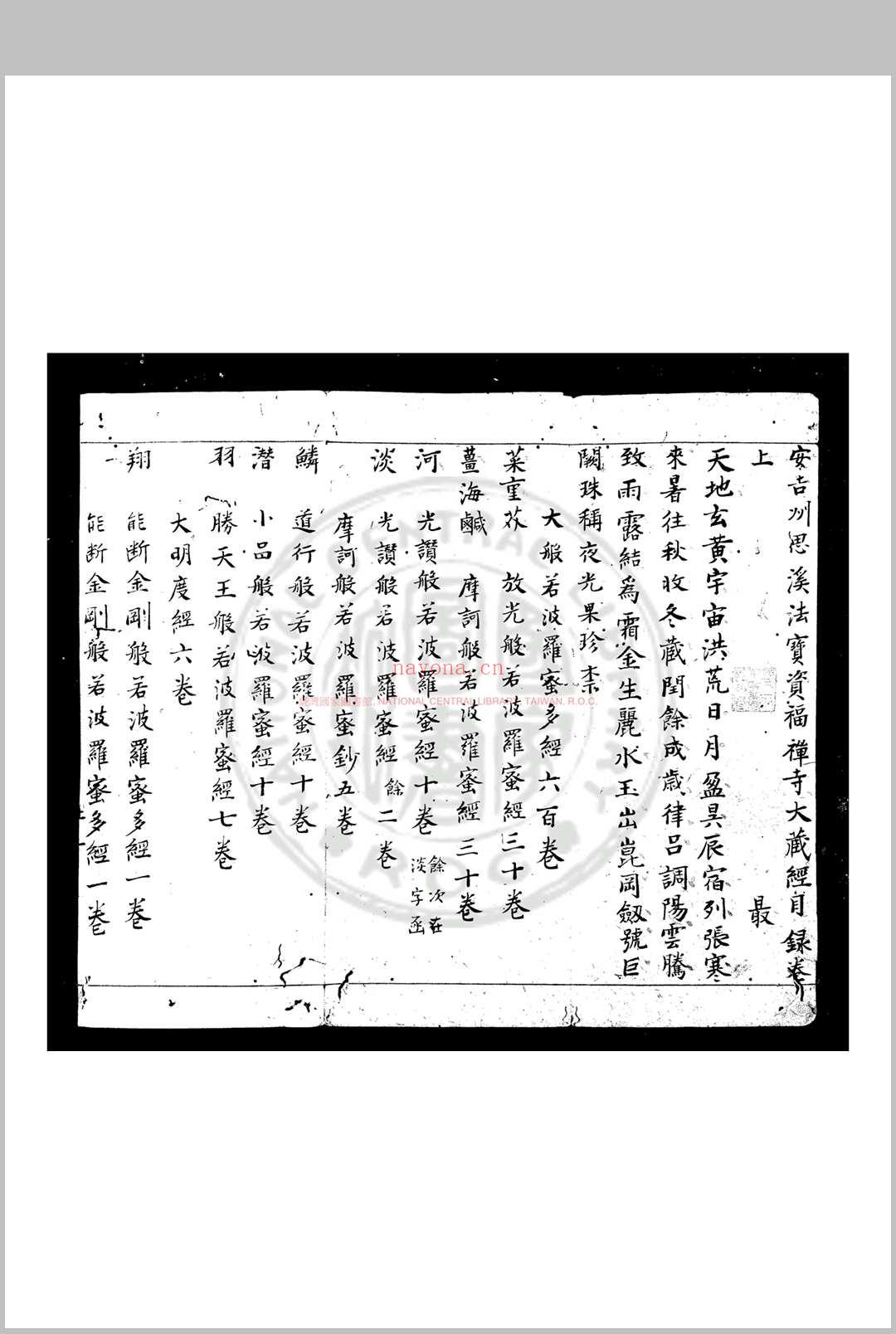 安吉州思溪法宝资福禅寺大藏经目录 不着编人 南宋刊思溪藏经本