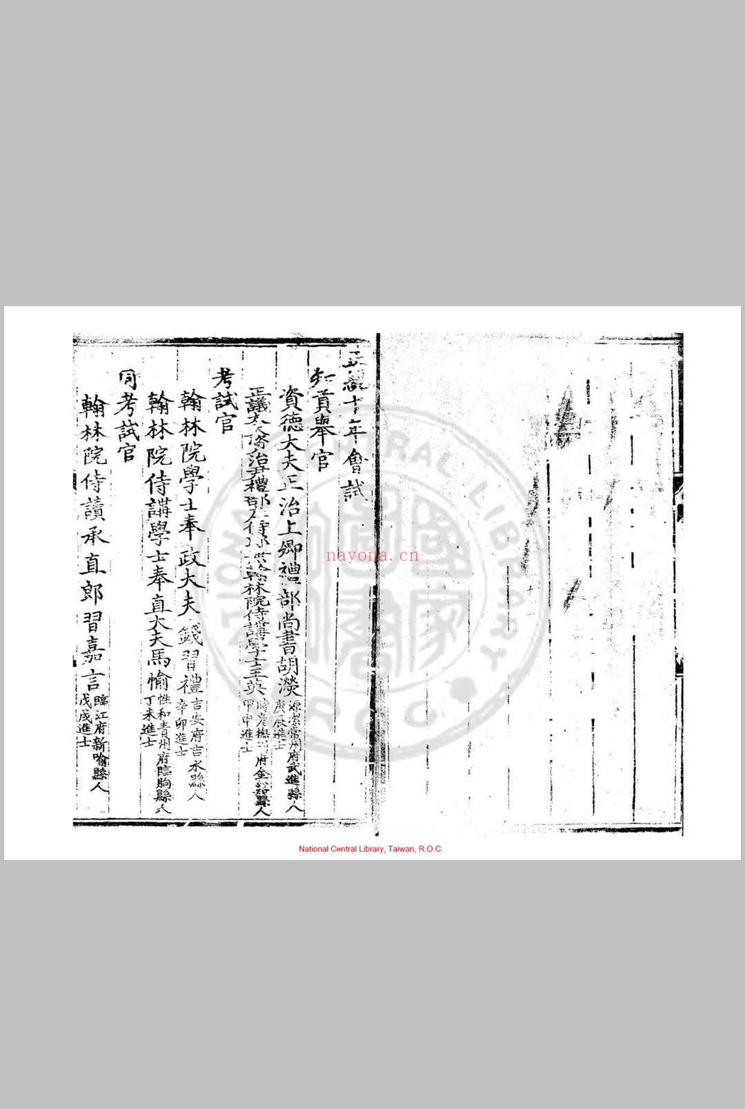 正统十年会试录 (明)钱习礼编 明正统间(1436-1449)刊本