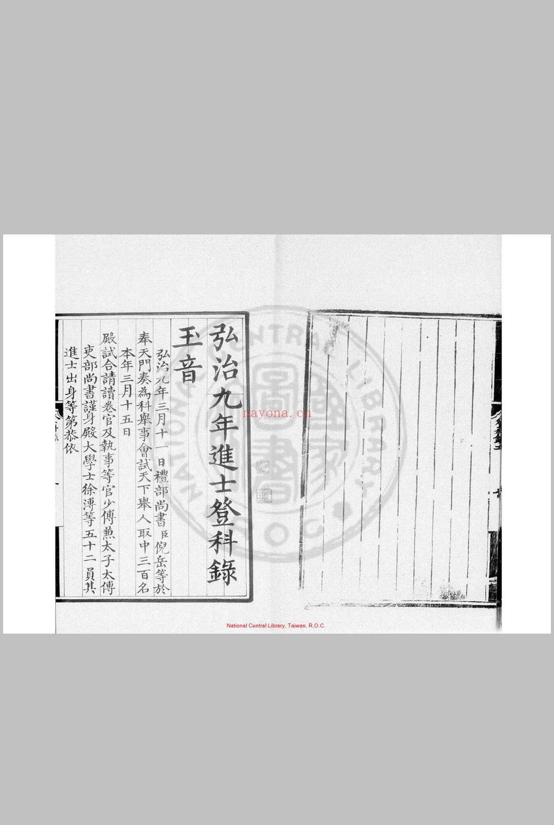 弘治九年进士登科录 (明)王华编 明弘治间(1488-1505)刊本 (弘治十二年进士登科录)