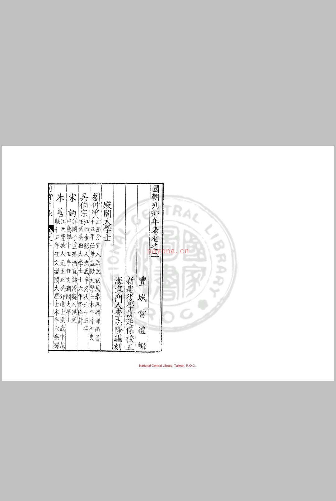 国朝列卿年表 (明)雷礼撰 明隆万间(1567-1620)海宁查志隆刊本