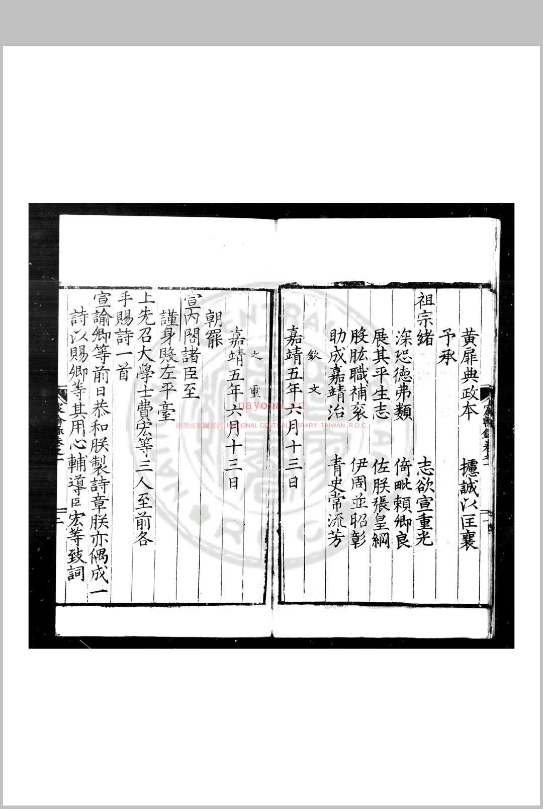 辰翰录 (明)杨一清编 明嘉靖六年(1527)刊本