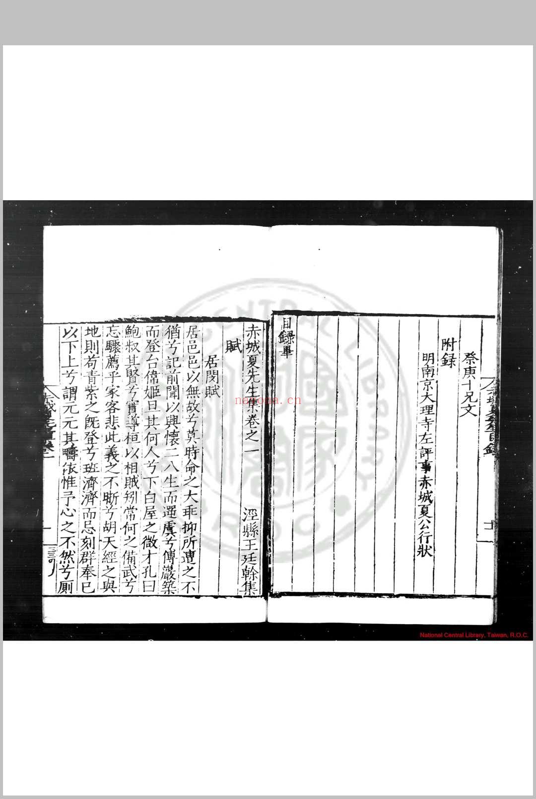 赤城夏先生集 (明)夏鍭撰 明嘉靖二十一年(1542)台州同知王廷干刊本