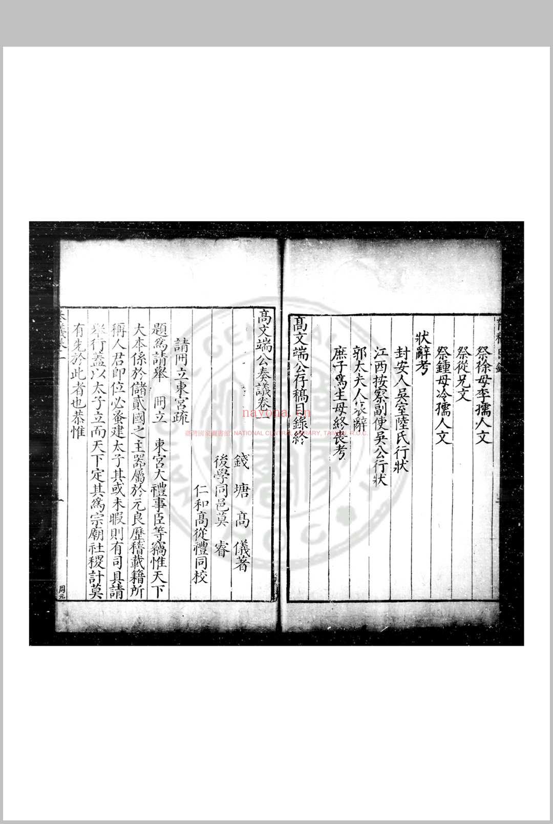 高文端公奏议 (明)高仪撰 明万历辛丑(二十九年, 1601)钱塘高氏家刊本