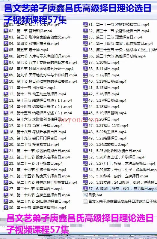 (择日日课)吕文艺弟子庚鑫吕氏高级择日理论选日子视频课程57集、当官上任择日、 结婚择日、求财收利收债择日、升官上任，升学择日、立碑，24山修造，卖房，种植择日。