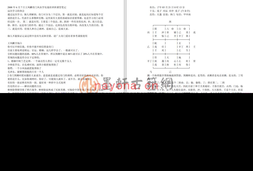 王凤麟-《2008年6月7日奇门风水学实战培训班课堂笔记》(13单页)