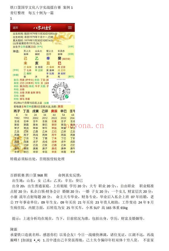 《铁口箓国学文化八字实战擂台赛》案例93页电子版
