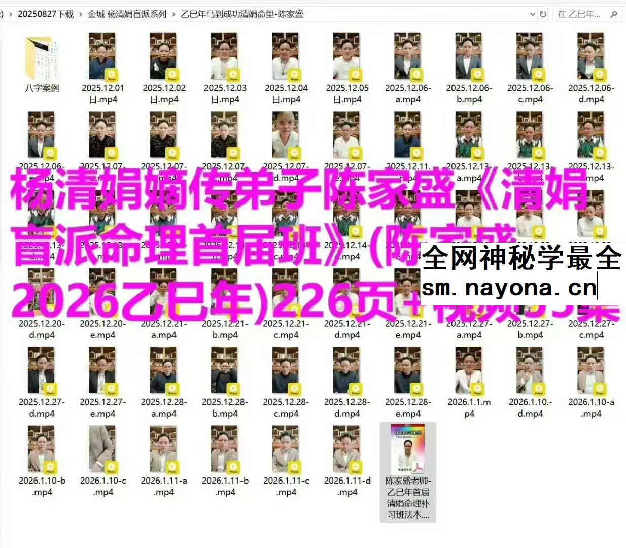 杨清娟嫡传弟子陈家盛《清娟盲派命理首届班》(陈家盛2026乙巳年)226页+视频55集