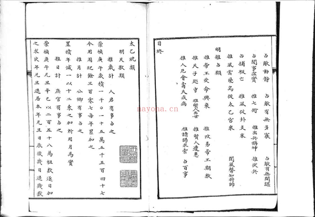 太乙统类目PDF 明抄本