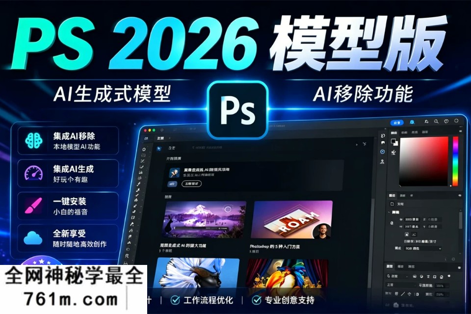 【PS 2026 AI集成】Photoshop 2026 27.8.0集成AI生成式移除本地模型一键直装版