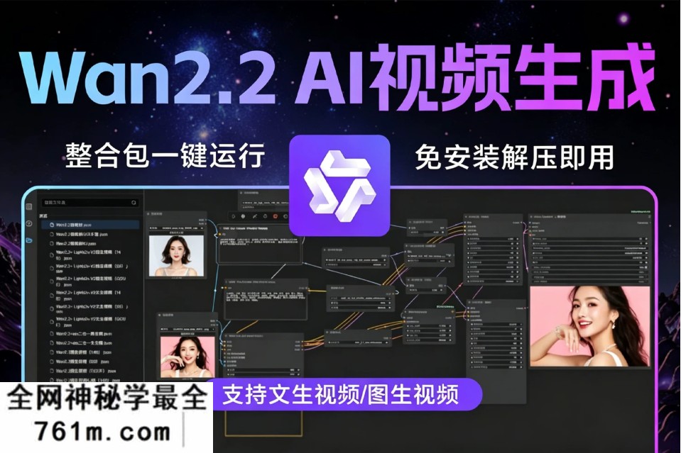 离线专业 Wan2.2 AI视频生成整合包一键运行 支持文生视频/图生视频 量化加速10倍