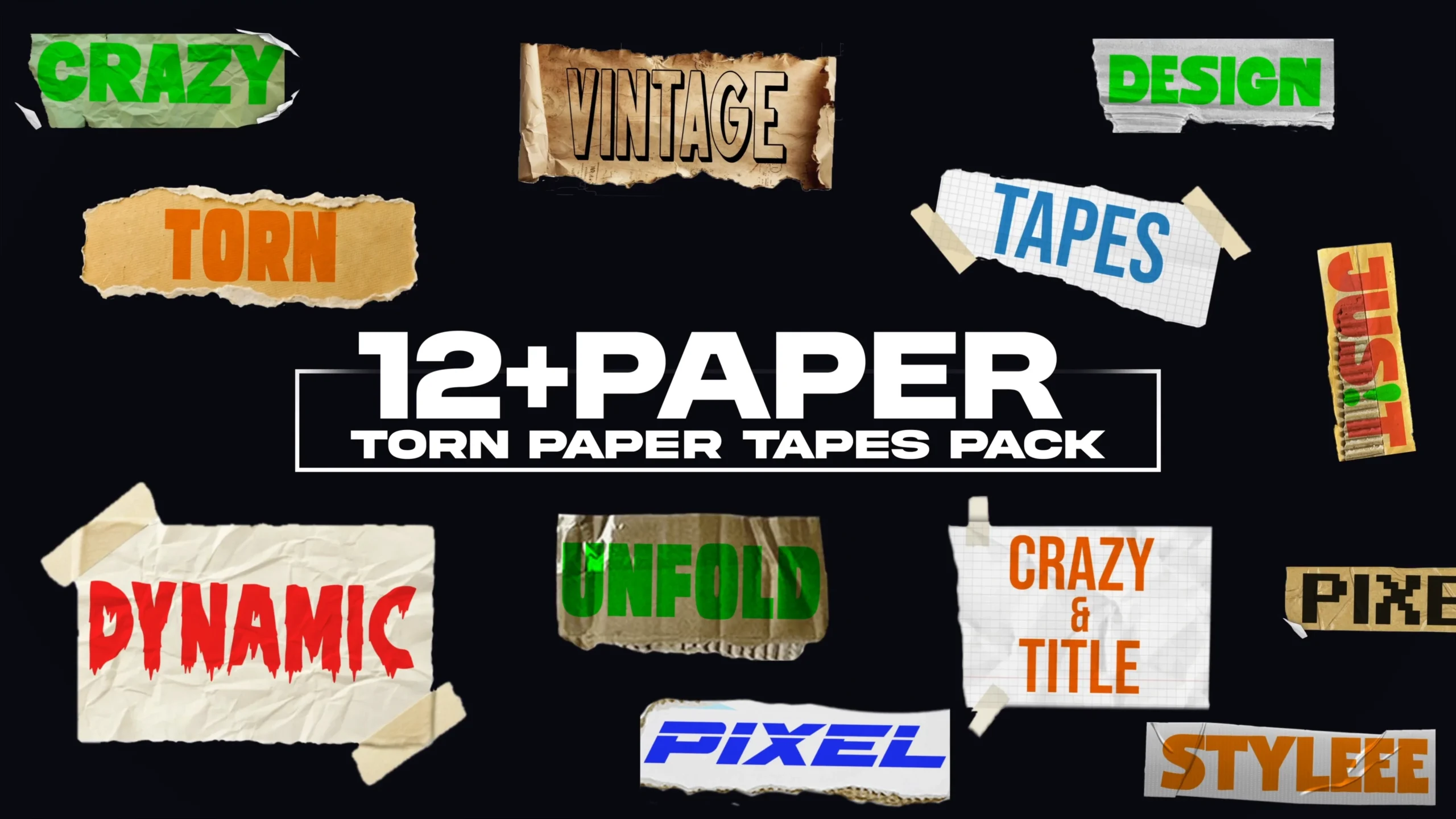 12组潮流撕纸拼贴文字标题动画AE/PR模板 Torn Paper Tapes Pack｜星聚资源网