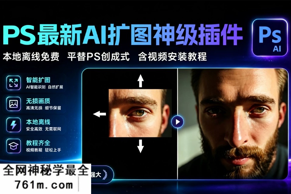 本地离线 完全专业 PS AI扩图插件神器 平替PS创成式填充 AI绘画 文生图 局部重绘 AI扩图 模糊放大等!联动ComfyUI 含视频安装教程!