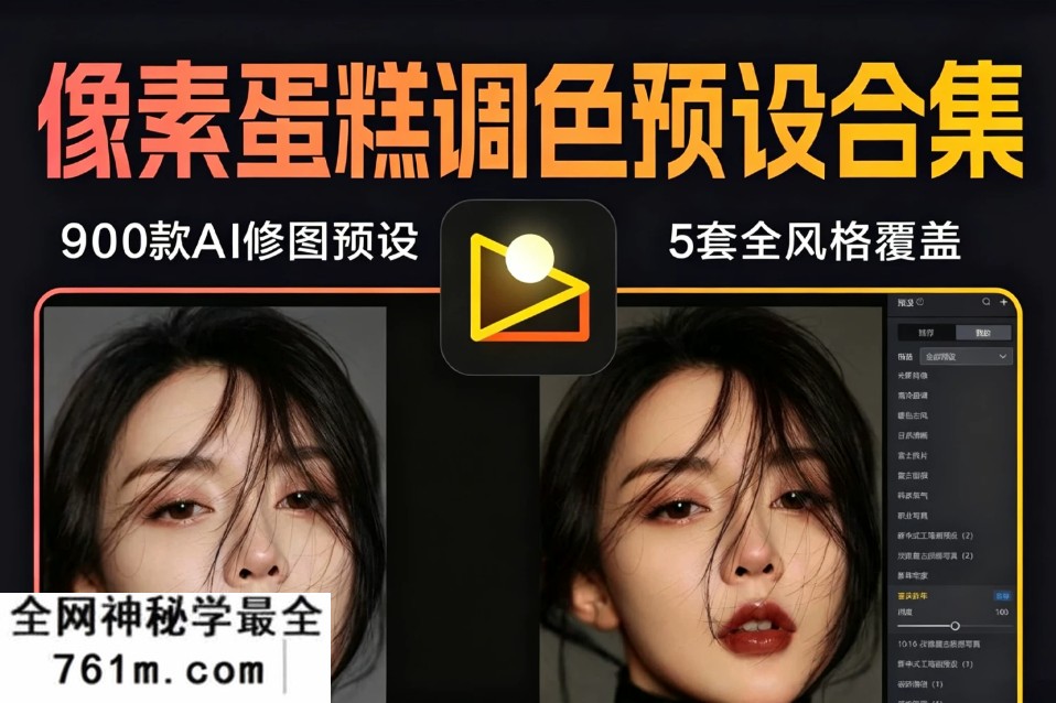 像素蛋糕调色预设合集 900+款AI修图预设 5套全风格覆盖 一键口令导入!