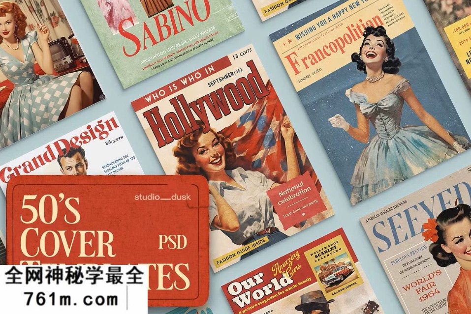 【PSD模板】欧美50年代杂志复古怀旧电影海报风肖像封面英文排版PSD模板素材