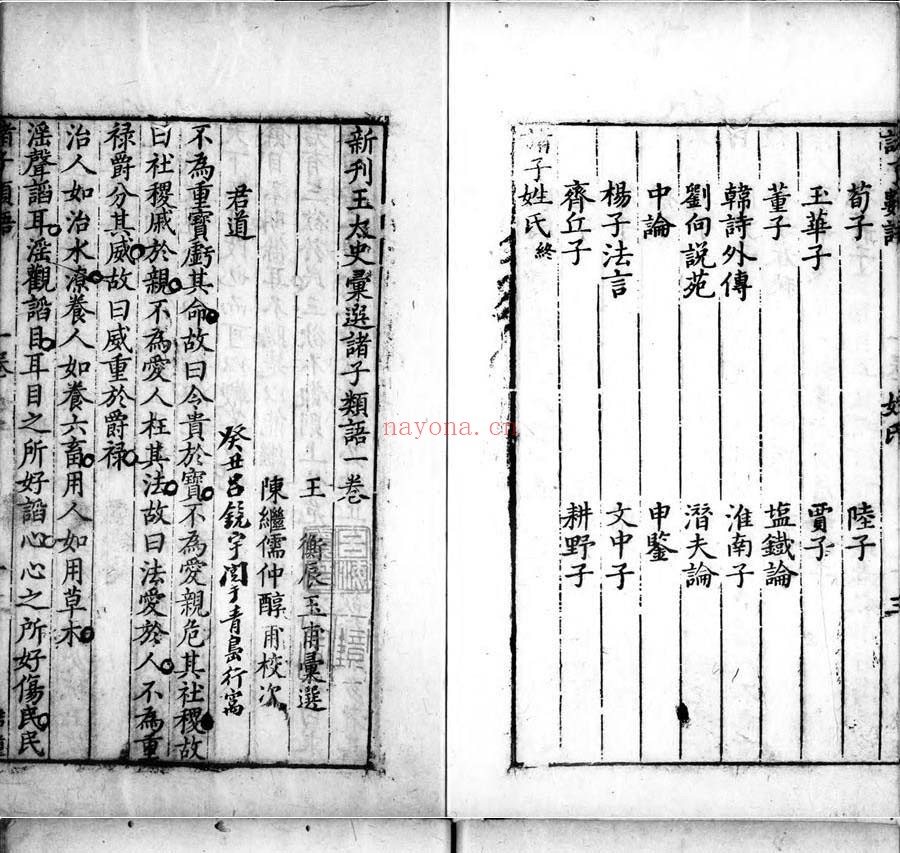 新刊王太史汇选诸子类语.四卷.明.王衡辑.明代童云野刊本.灰度胶片