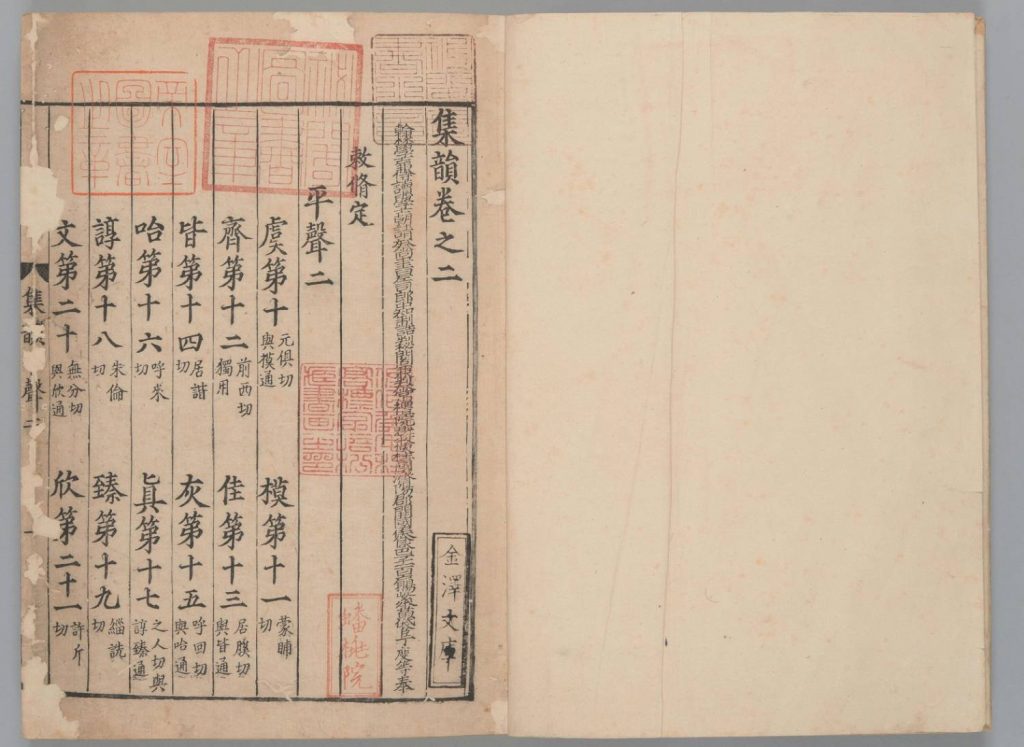 集韵十卷.阙卷一.9册.南宋淳熙十四年(公元1187年)金洲刻本.日本宫内厅书陵部藏